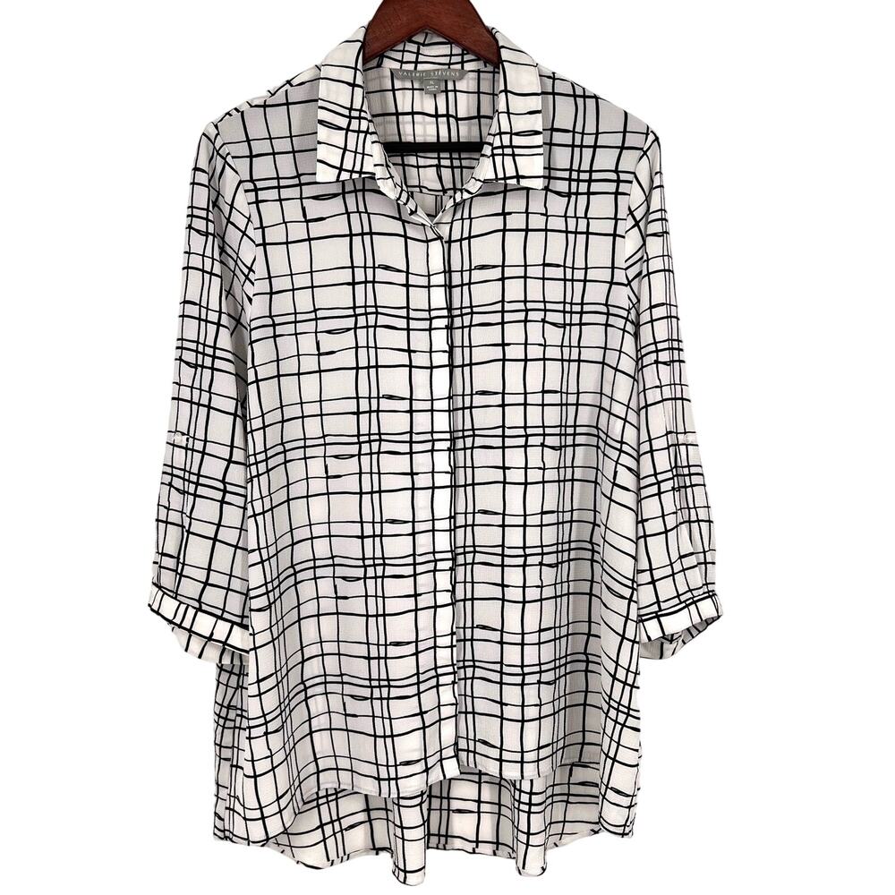 Valerie Stevens Sz XL White Black 3/4 Sleeve Formal Business Blouse Shirt Top